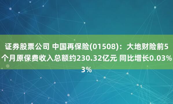 证券股票公司 中国再保险(01508)：大地财险前5个月原保费收入总额约230.32亿元 同比增长0.03%